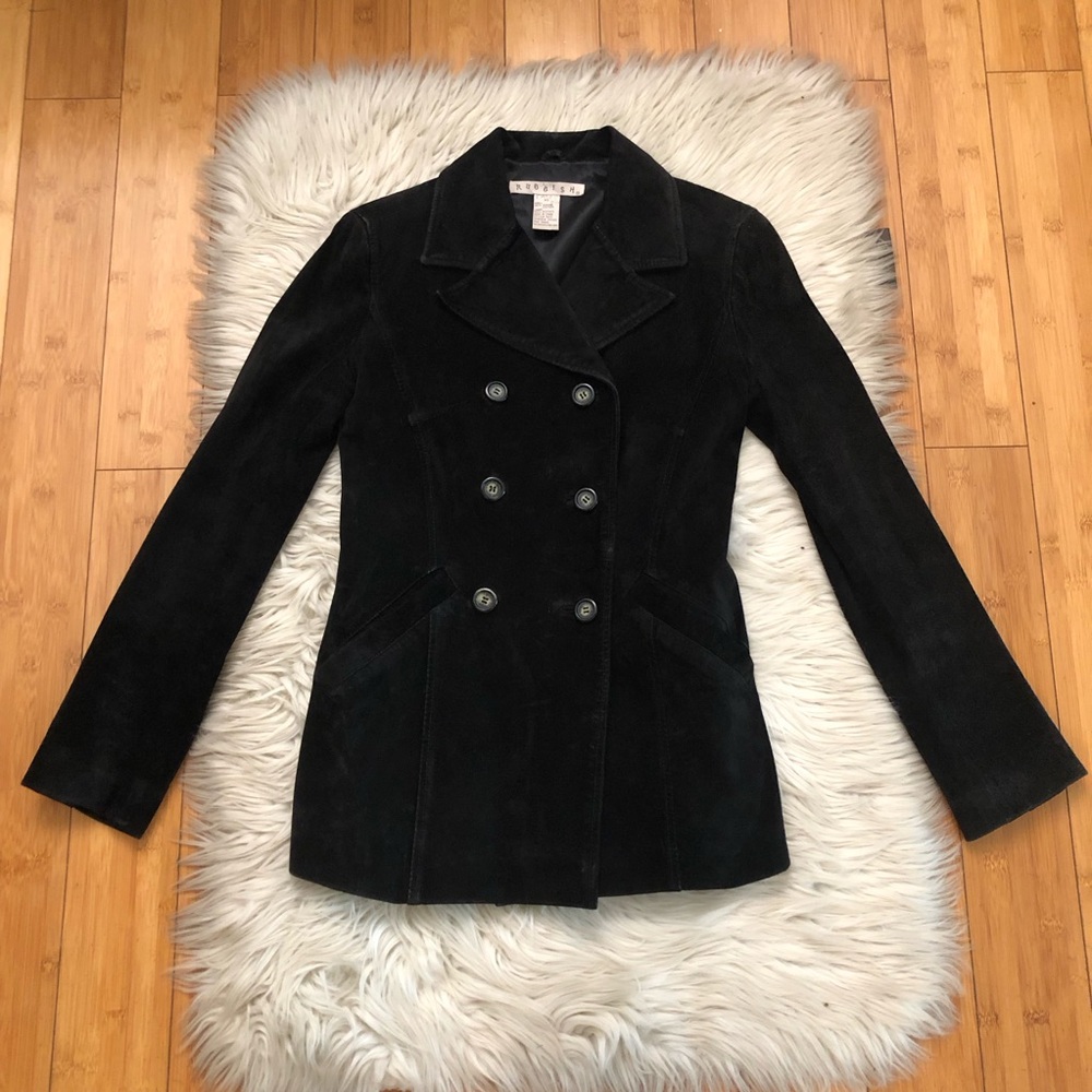 Rubbish Genuine Suede Leather Double Breasted Button Down Fitted Black Jacket XS